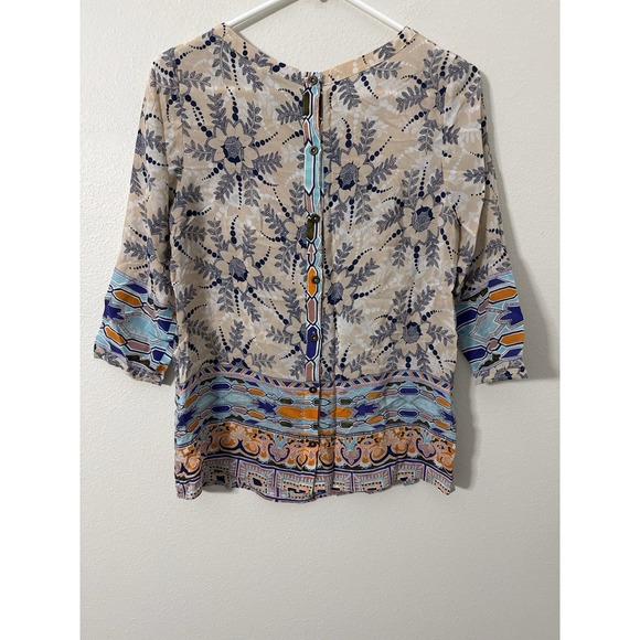 Maeve Anthropologie Boho Print Top Small Multicolor 3/4 Sleeve Button Back - Picture 3 of 6